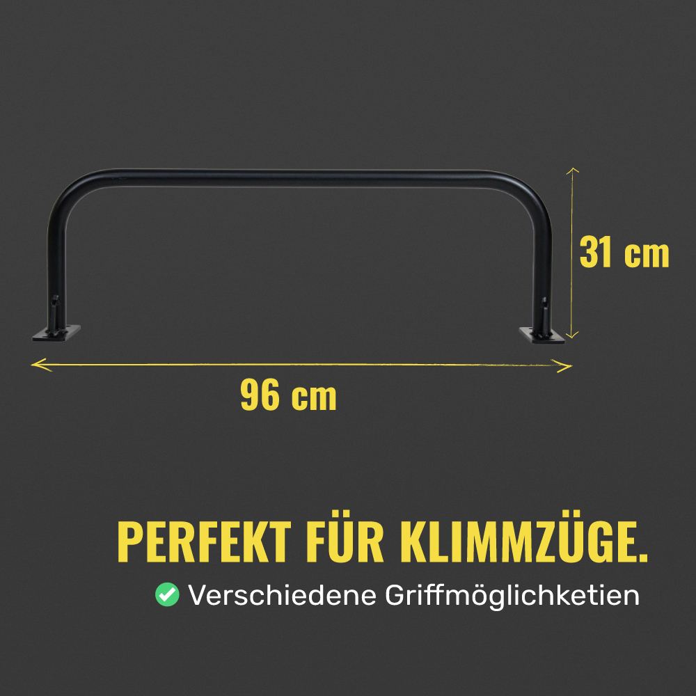 Maße der Klimmzugstange für Türrahmen fest verschraubt – 96 x 31 x 16 cm, Befestigungsplatte 16 x 6 cm, 34 mm Griffdurchmesser